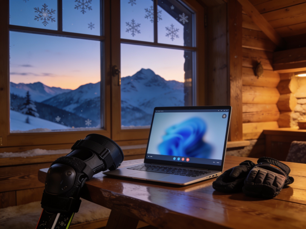 Laptop on a chalet table ready for a video consultation
